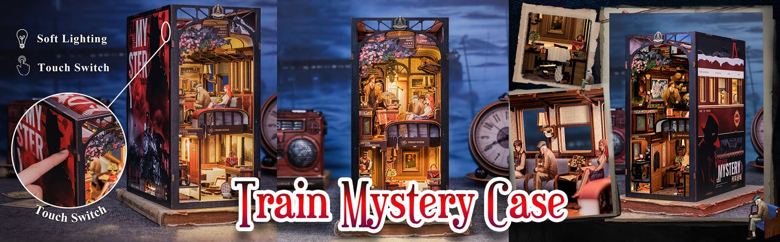 Book Nook Train Mystery, detalles del book nook de misterio y detectives